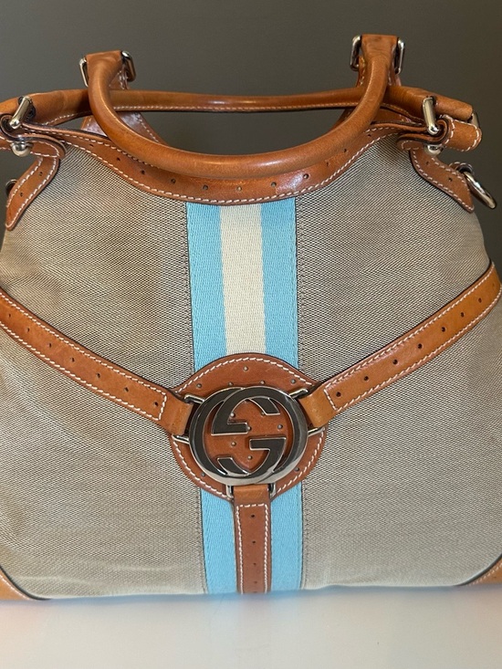 GUCCI GG Rains Hobo Canvas Leather Beige Blue Stripe Jackie Silver Hardware Rein - Picture 2 of 12